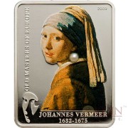 Cook Islands GIRL WITH PEARL - VERMEER series MASTERPIECES OF ART $5 Partly colored Pearl inserted Silver Coin Proof 2009